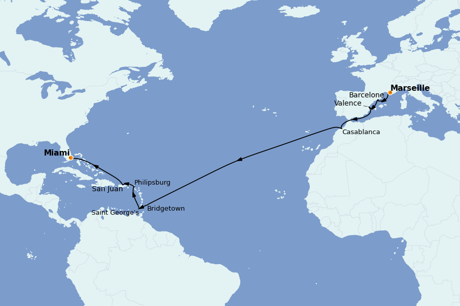 Itinéraire de la croisière TRANSATLANTIQUES ET GRANDS VOYAGES 20 jours à bord du MSC Seaside