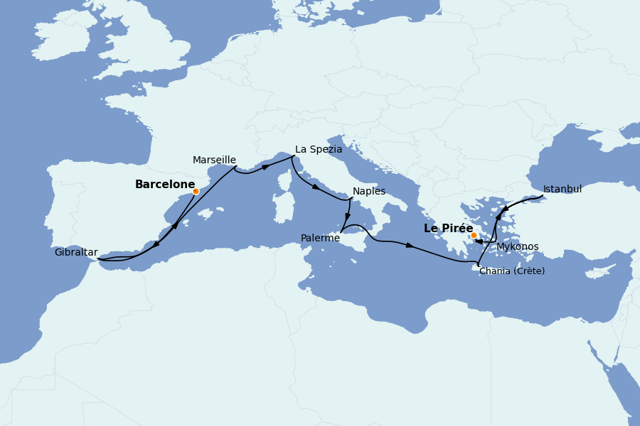 Itinéraire de la croisière Méditerranée Occidentale 14 jours à bord du Sun Princess