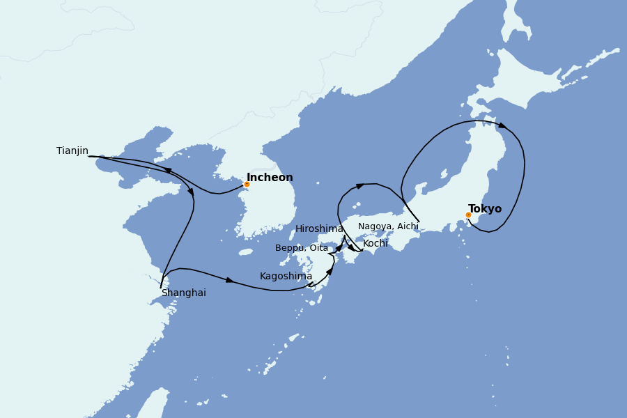 Itinéraire de la croisière Chine, Japon, Hong Kong, Taïwan, Corée du Sud 12 jours à bord du Seven Seas Explorer