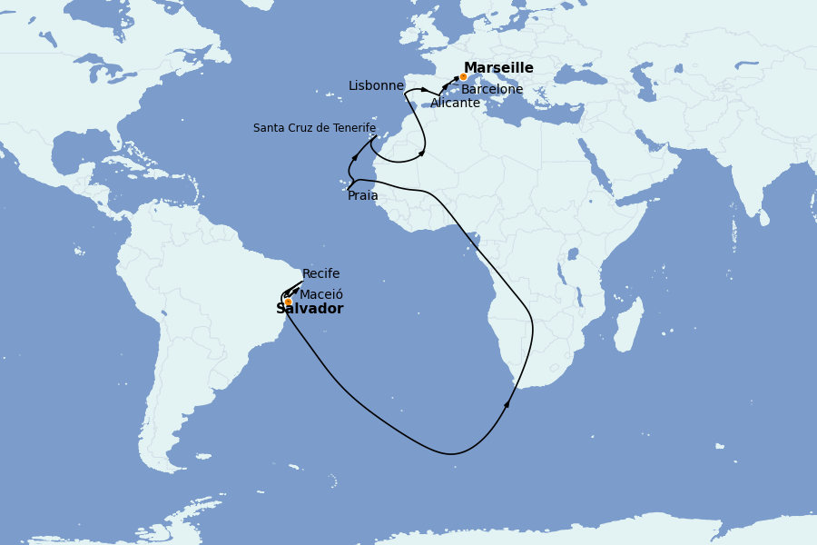 Itinéraire de la croisière Transatlantiques et Grands Voyages 2025 16 jours à bord du Costa Pacifica
