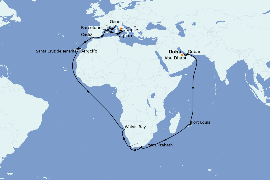 Itinéraire de la croisière Méditerranée Occidentale 42 jours à bord du Costa Toscana
