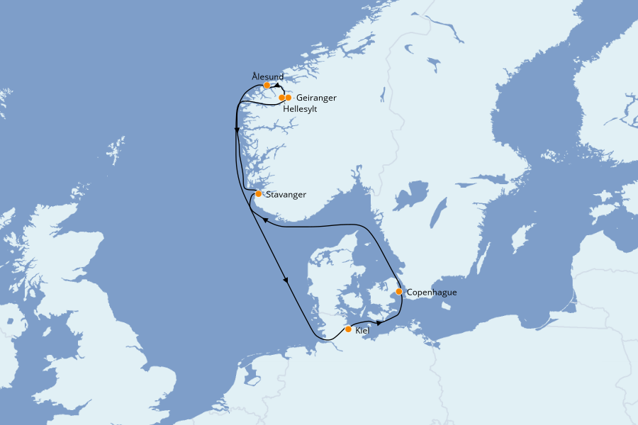 Itinéraire de la croisière Fjords & Norvège 7 jours à bord du Costa Diadema