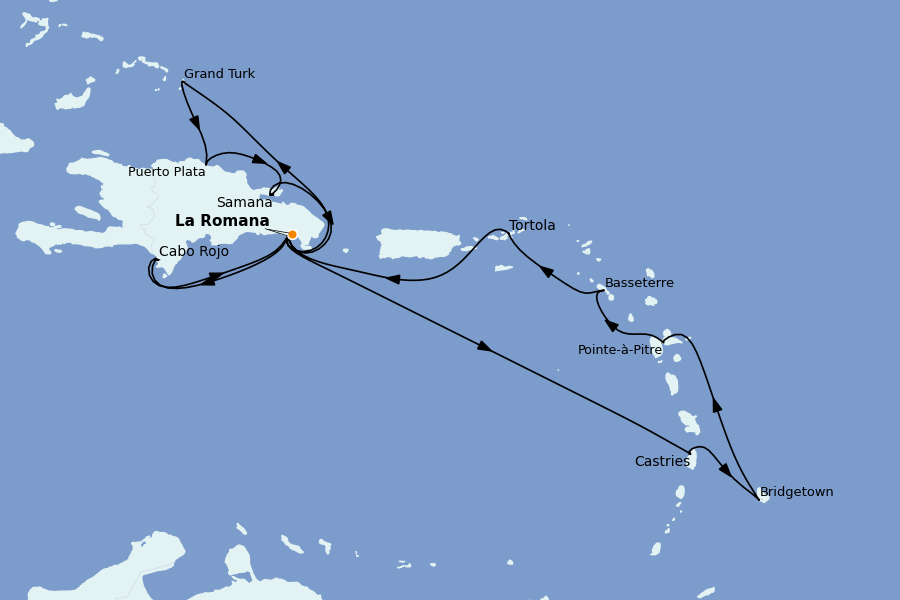 Itinéraire de la croisière Caraïbes de l'Est (Antilles) 14 jours à bord du Costa Pacifica