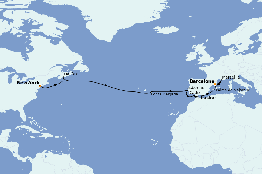 Itinéraire de la croisière TRANSATLANTIQUES ET GRANDS VOYAGES 16 jours à bord du MSC Meraviglia