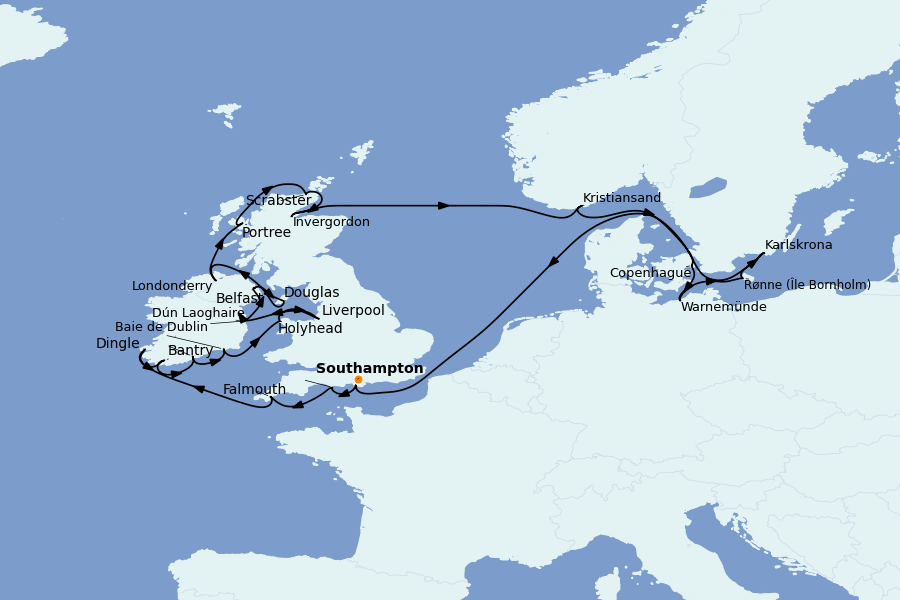 Itinéraire de la croisière Îles Britanniques 25 jours à bord du Vista