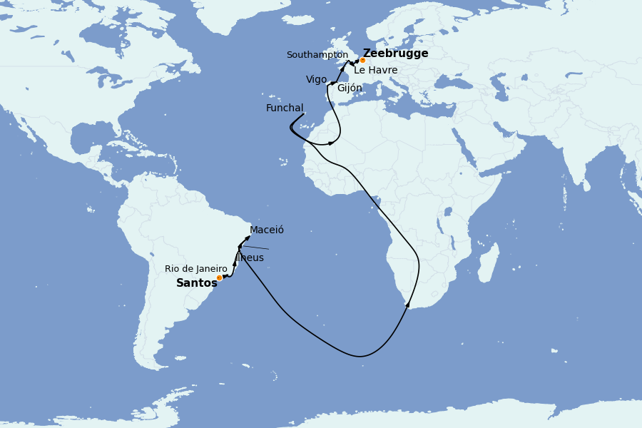 Itinéraire de la croisière TRANSATLANTIQUES ET GRANDS VOYAGES 19 jours à bord du MSC Preziosa