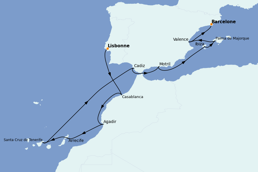 Itinéraire de la croisière Méditerranée 12 jours à bord du Norwegian Sky