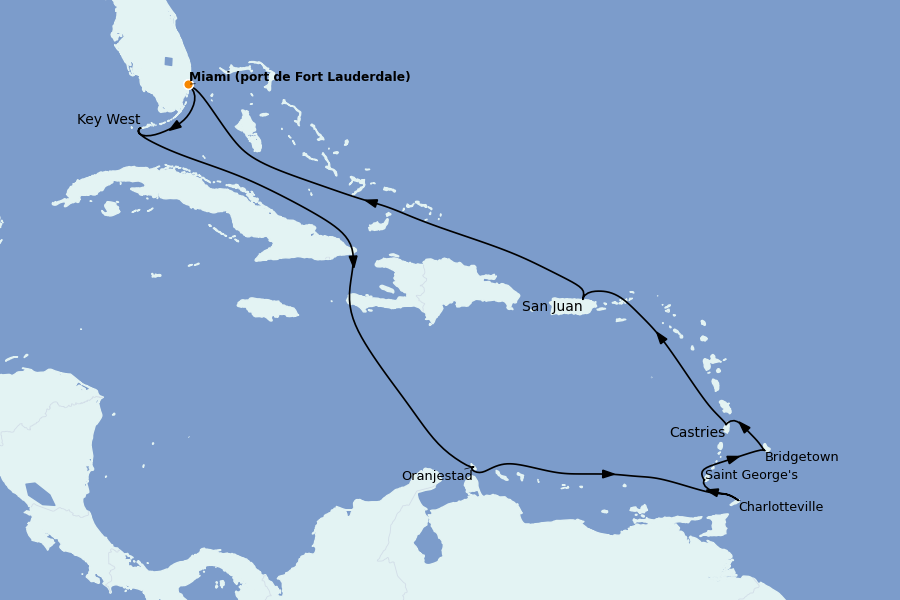 Itinéraire de la croisière Caraïbes de l'Est 14 jours à bord du Ms Volendam