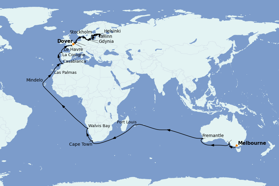 Itinéraire de la croisière TOUR DU MONDE 53 jours à bord du Crown Princess
