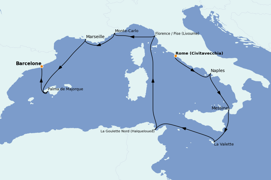 Itinéraire de la croisière Méditerranée Occidentale 10 jours à bord du Sirena