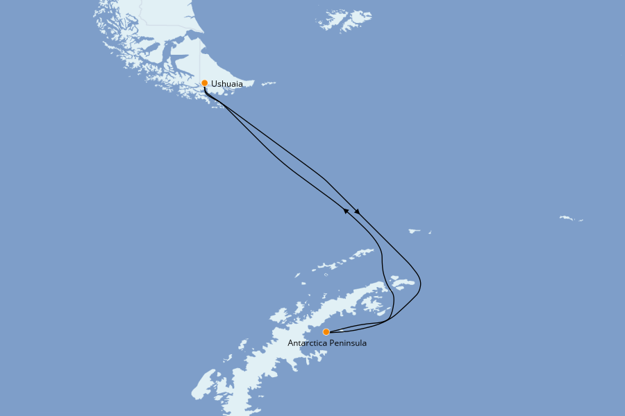 Itinéraire de la croisière SUD : Antarctique, Ushuaia , Patagonie, Terre de Feu, Cap horn 10 jours à bord du Le Boréal