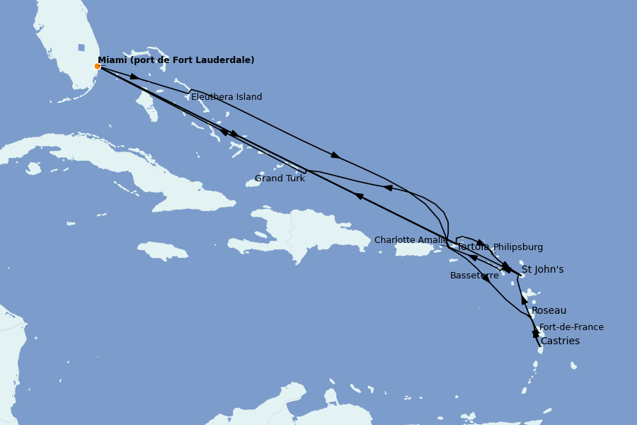 Itinéraire de la croisière Caraïbes de l'Est (Antilles) 20 jours à bord du Caribbean Princess