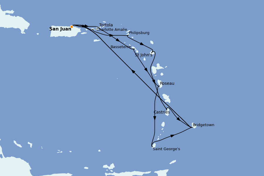 Itinéraire de la croisière Caraïbes de l'Est (Antilles) 14 jours à bord du Grand Princess