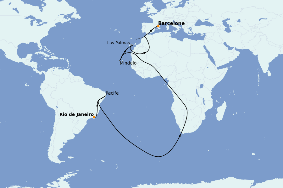 Itinéraire de la croisière Transatlantiques et Grands Voyages 2025 15 jours à bord du Costa Favolosa