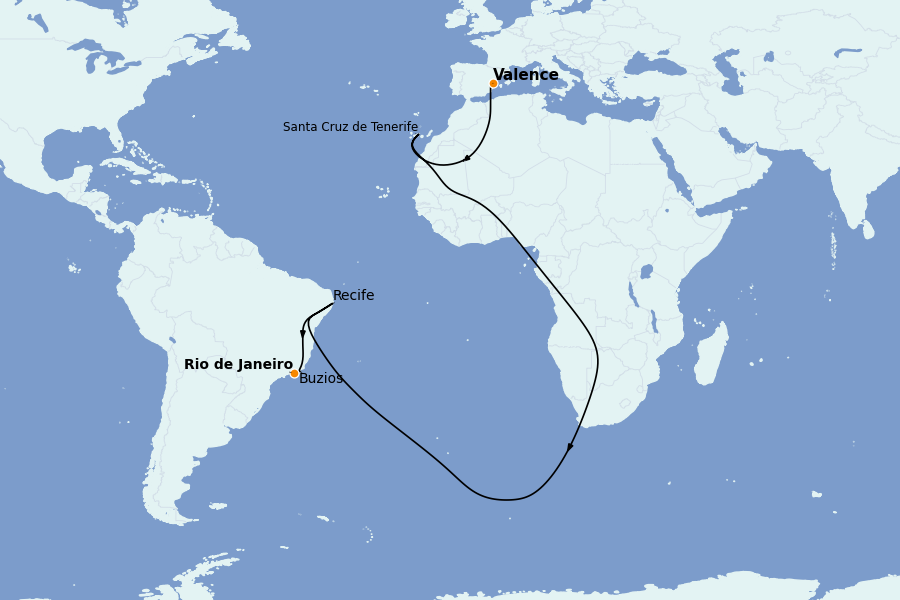 Itinéraire de la croisière TRANSATLANTIQUES ET GRANDS VOYAGES 13 jours à bord du MSC Lirica