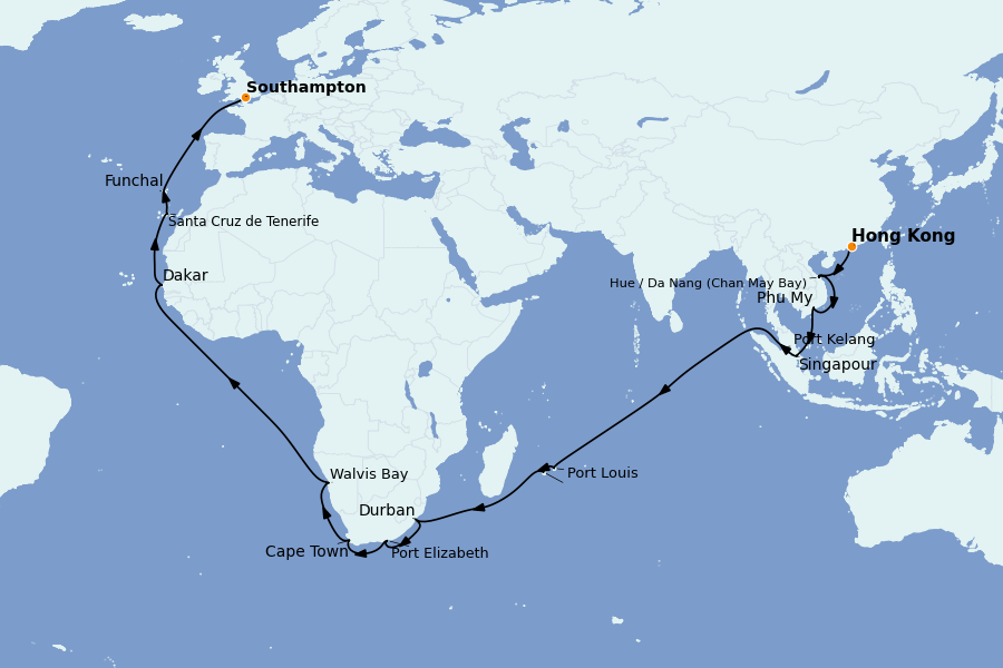 Itinerario del crucero Mediterráneo Occidental 46 días a bordo del Queen Victoria