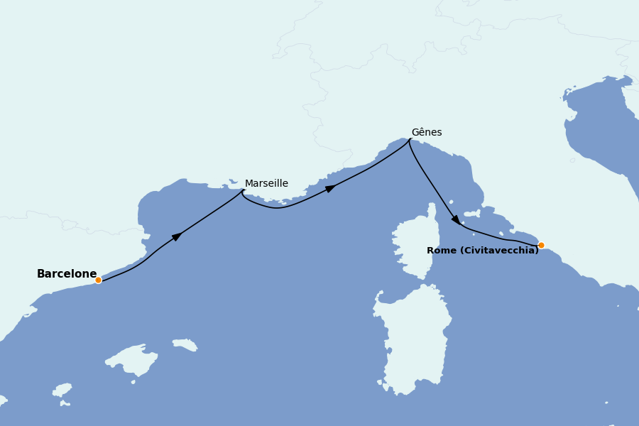Itinéraire de la croisière Méditerranée Occidentale 3 jours à bord du MSC World Asia