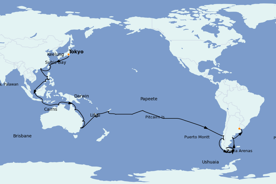 Itinéraire de la croisière TOUR DU MONDE 65 jours à bord du Costa Serena