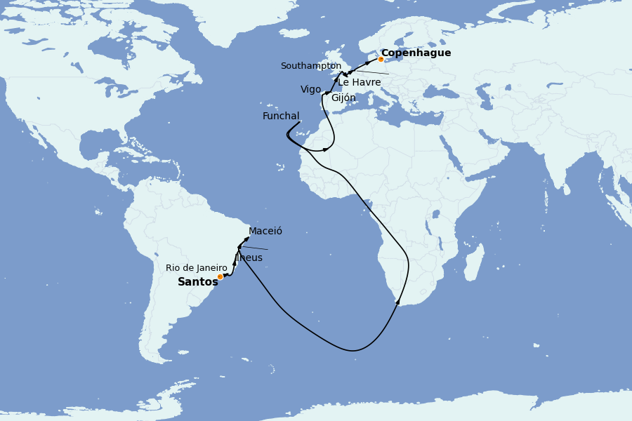 Itinéraire de la croisière TRANSATLANTIQUES ET GRANDS VOYAGES 21 jours à bord du MSC Preziosa