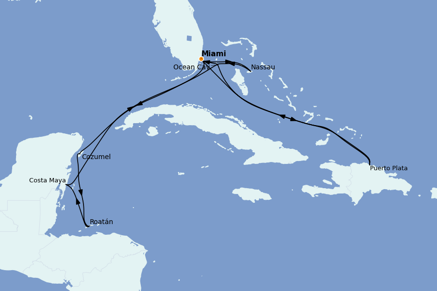 Itinéraire de la croisière Bahamas 14 jours à bord du MSC Seaside