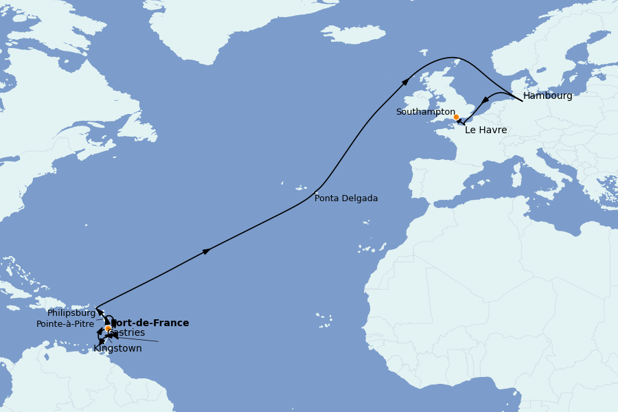 Itinéraire de la croisière TRANSATLANTIQUES ET GRANDS VOYAGES 23 jours à bord du MSC Virtuosa