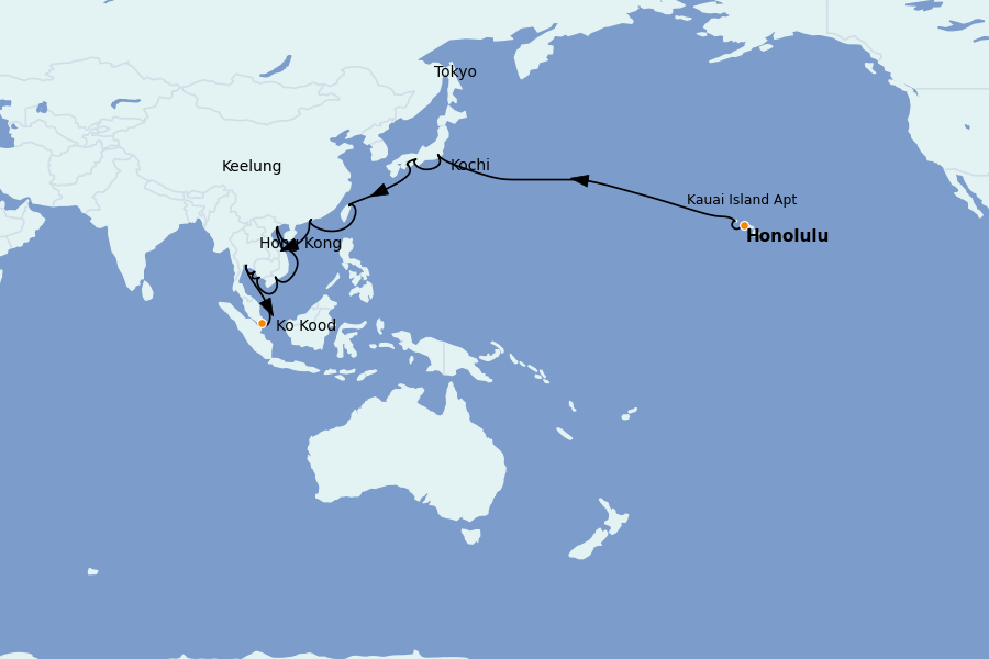 Itinéraire de la croisière Chine, Japon, Hong Kong, Taïwan, Corée du Sud 33 jours à bord du Seabourn Encore