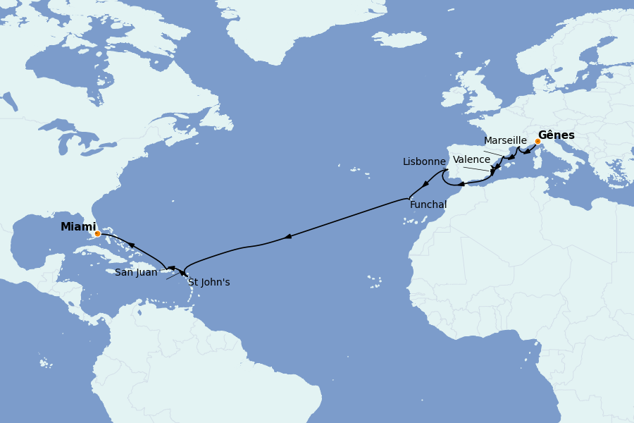 Itinéraire de la croisière TRANSATLANTIQUES ET GRANDS VOYAGES 19 jours à bord du MSC Divina