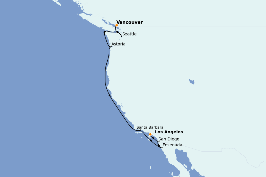 Itinéraire de la croisière Californie 9 jours à bord du Coral Princess