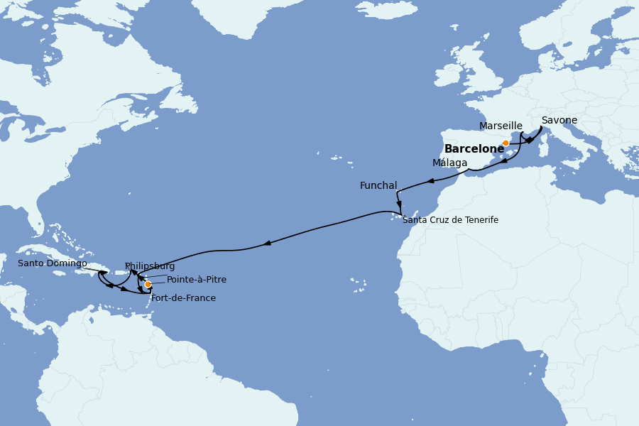 Itinerario del crucero TRASATLÁNTICOS 23 días a bordo del Costa Fascinosa