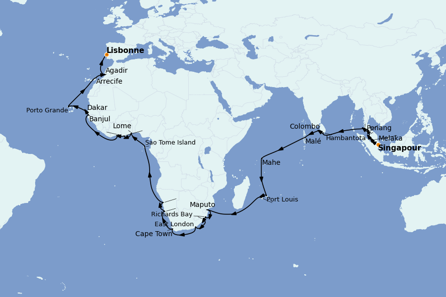 Itinéraire de la croisière Méditerranée Occidentale 54 jours à bord du Regatta