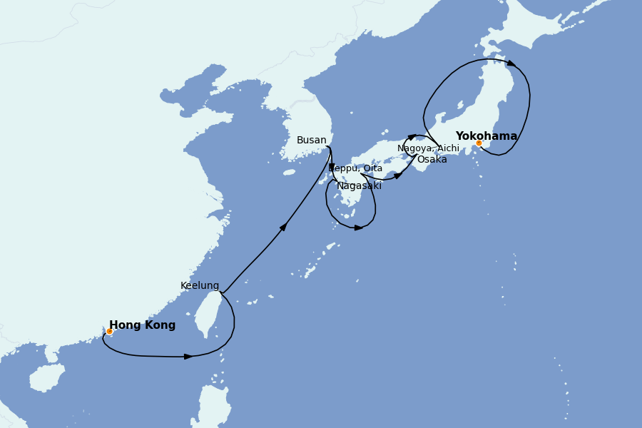 Itinéraire de la croisière Chine, Japon, Hong Kong, Taïwan, Corée du Sud 11 jours à bord du Riviera