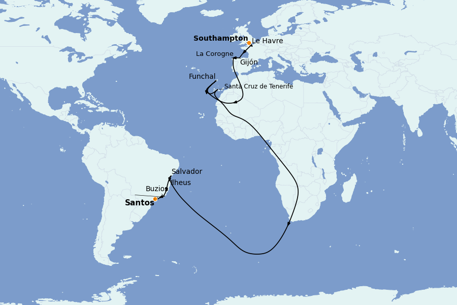 Itinéraire de la croisière TRANSATLANTIQUES ET GRANDS VOYAGES 19 jours à bord du MSC Preziosa