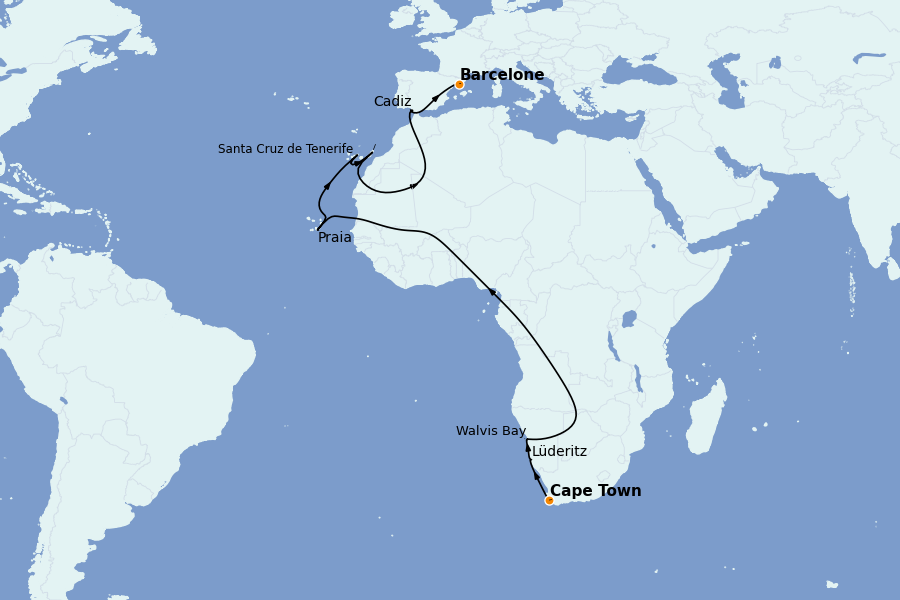 Itinéraire de la croisière Tour du Monde 2025 20 jours à bord du Costa Deliziosa