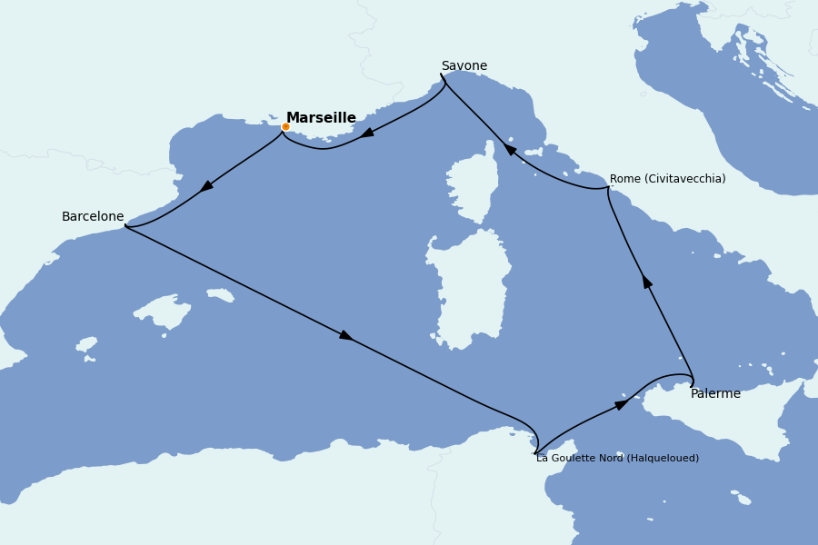 Itinéraire de la croisière Méditerranée Occidentale 7 jours à bord du Costa Smeralda