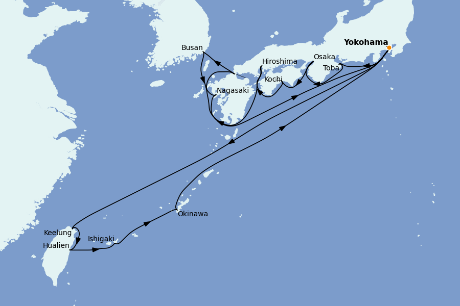 Itinéraire de la croisière Chine, Japon, Hong Kong, Taïwan, Corée du Sud 18 jours à bord du Diamond Princess