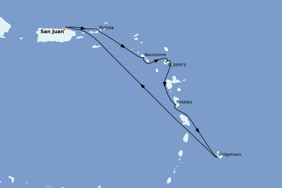 Itinéraire de la croisière Caraïbes de l'Est (Antilles) 7 jours à bord du Grand Princess