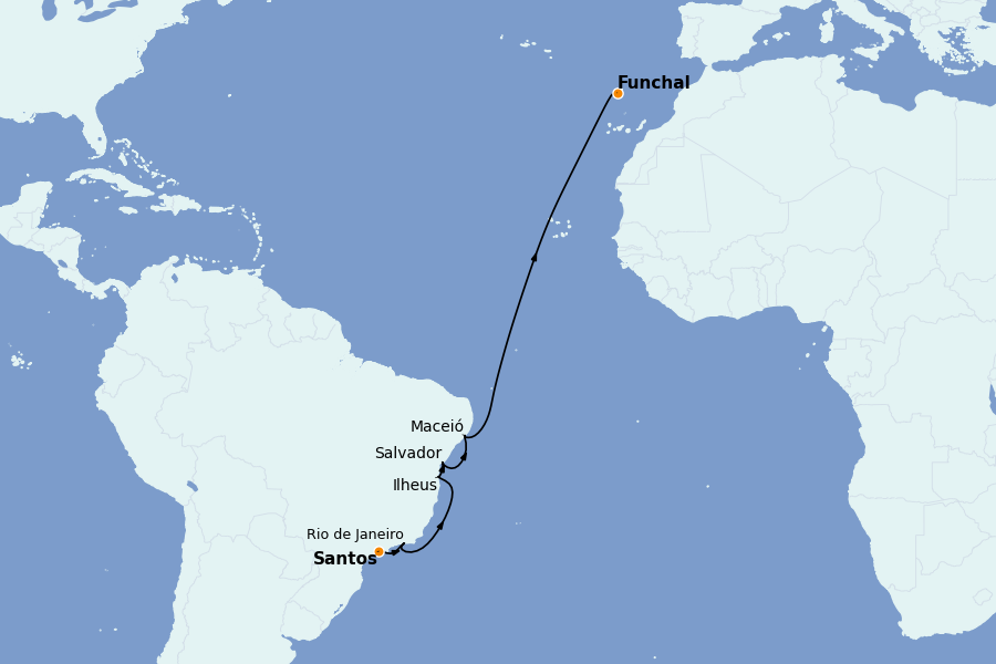 Itinéraire de la croisière TRANSATLANTIQUES ET GRANDS VOYAGES 12 jours à bord du MSC Preziosa