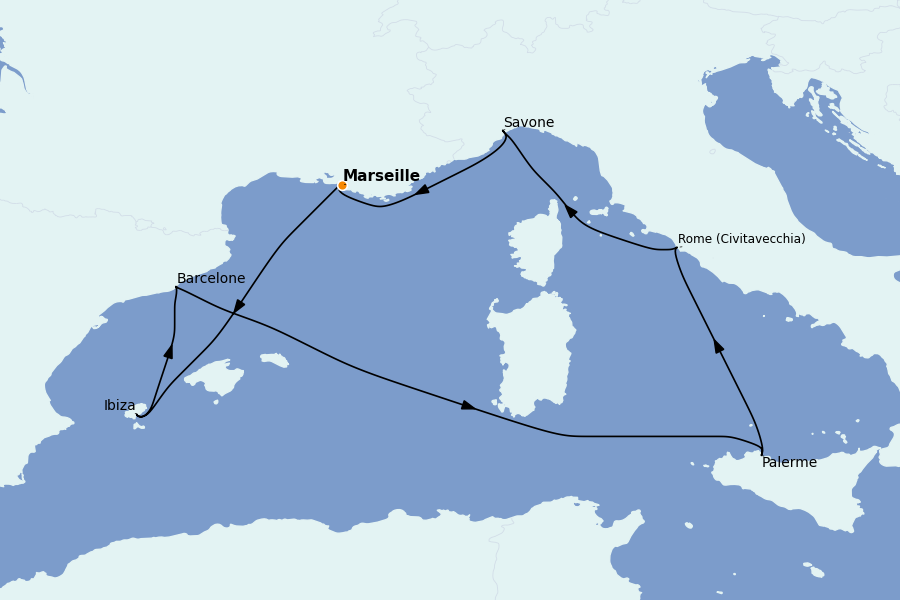 Itinéraire de la croisière Méditerranée Occidentale 7 jours à bord du Costa Smeralda