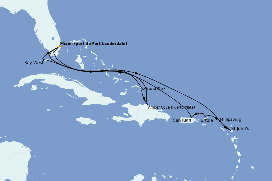 Itinéraire de la croisière Caraïbes de l'Est (Antilles) 16 jours à bord du Ms Nieuw Amsterdam