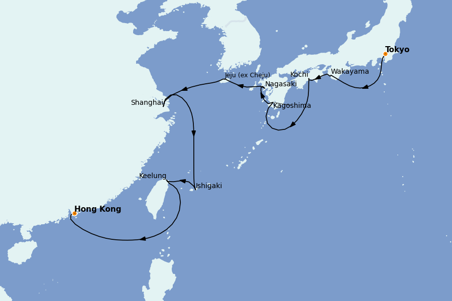 Itinéraire de la croisière Chine, Japon, Hong Kong, Taïwan, Corée du Sud 13 jours à bord du Nautica