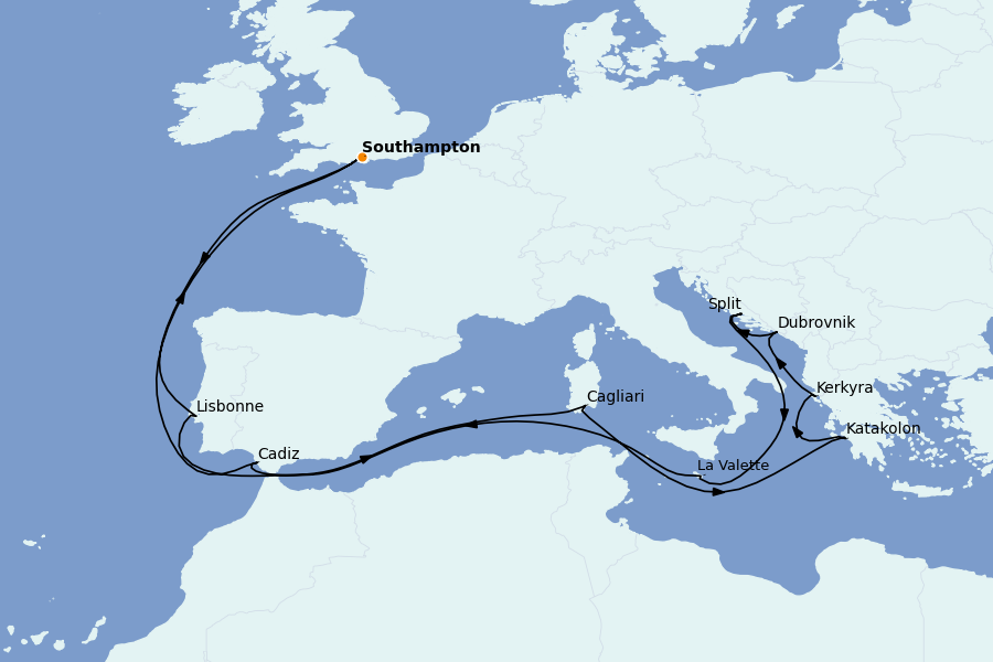 Itinéraire de la croisière Méditerranée Occidentale 19 jours à bord du Queen Victoria