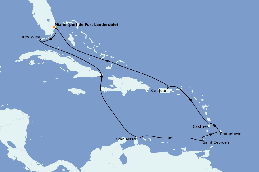 Itinéraire de la croisière Caraïbes de l'Est 14 jours à bord du Ms Volendam