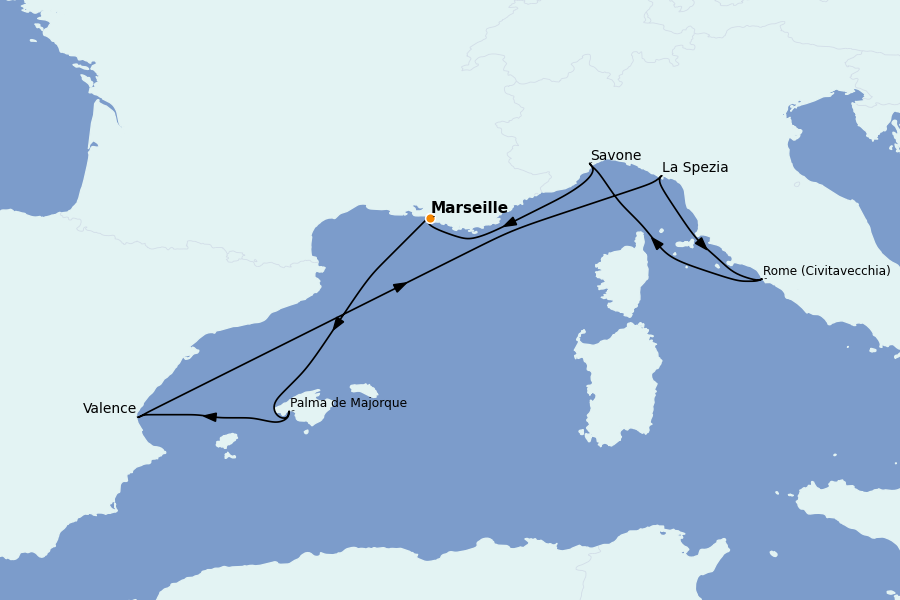 Itinéraire de la croisière Méditerranée Occidentale 7 jours à bord du Costa Pacifica
