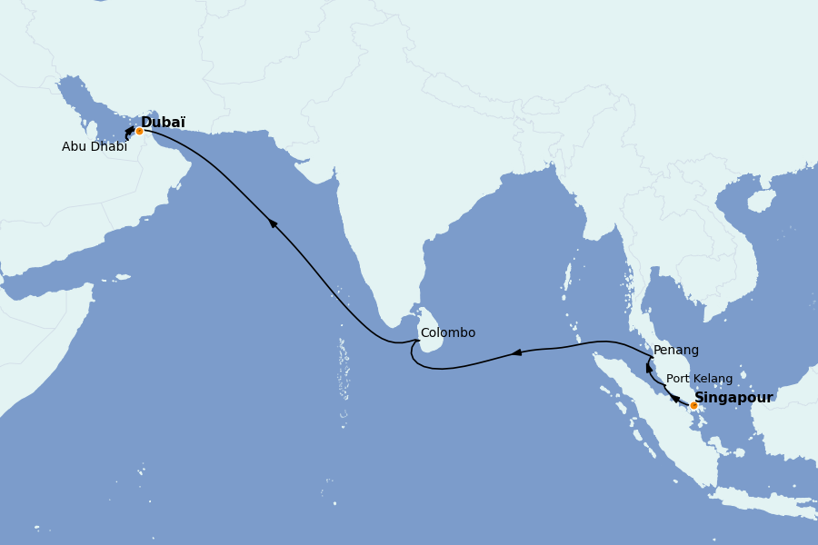 Itinéraire de la croisière Tour du Monde 2025 13 jours à bord du Queen Anne