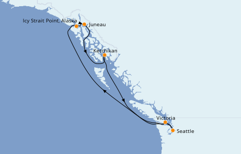 Itinéraire de la croisière Alaska 7 jours à bord du Norwegian Sun
