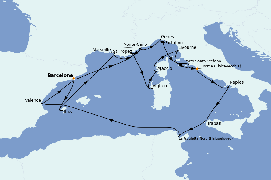 Itinéraire de la croisière Méditerranée Occidentale 21 jours à bord du Explora II