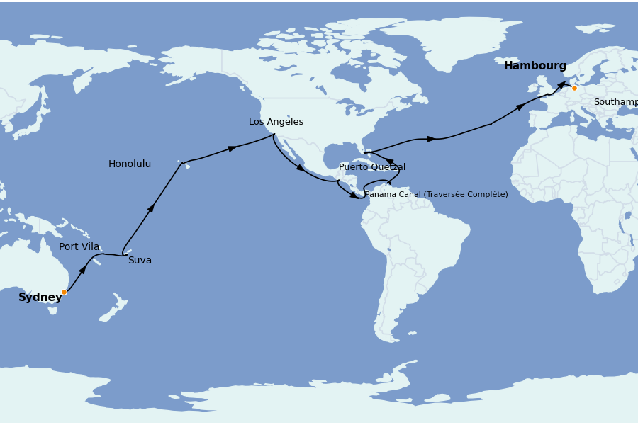 Itinéraire de la croisière Hawaii 46 jours à bord du Queen Anne
