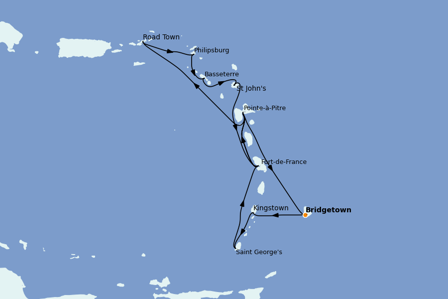 Itinéraire de la croisière Caraïbes de l'Est (Antilles) 14 jours à bord du MSC Virtuosa