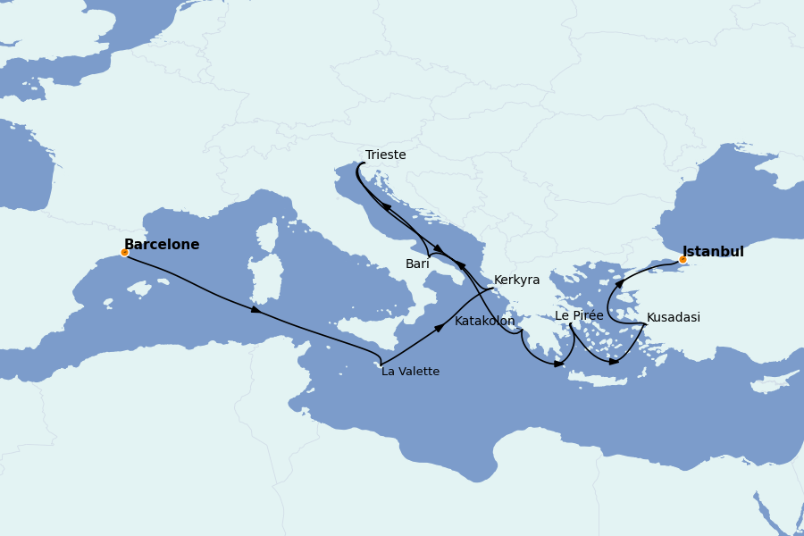 Itinéraire de la croisière Îles Grecques, Adriatique et Turquie - Méditerranée Orientale 11 jours à bord du MSC Fantasia