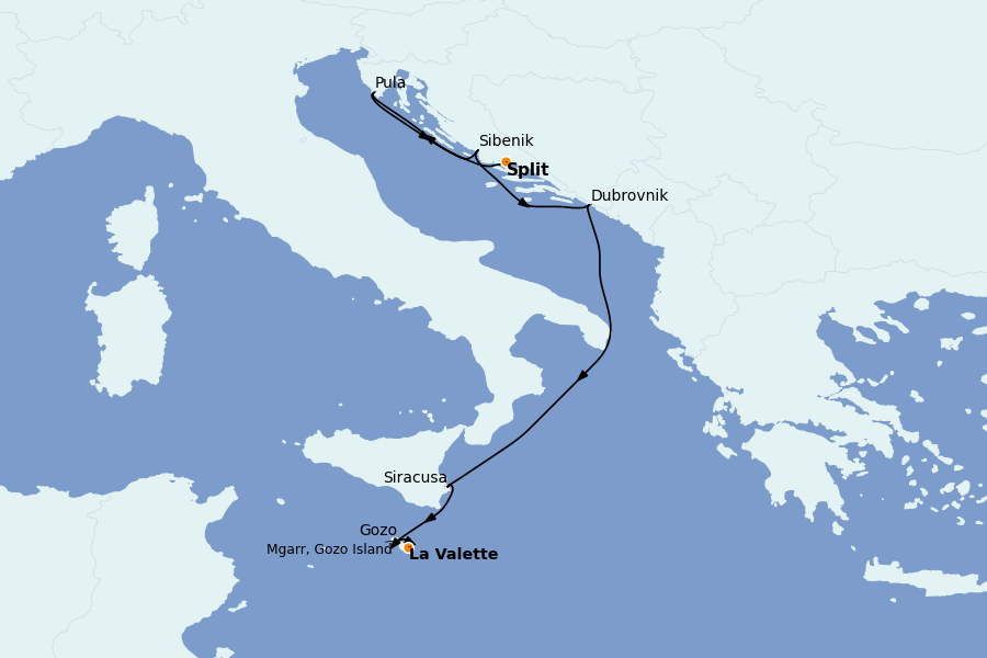 Itinéraire de la croisière Grèce & Adriatique 9 jours à bord du Silver Whisper